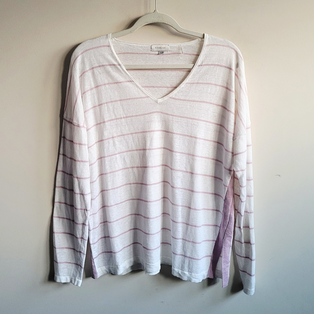 Kinross‎ White and Pink Striped V-Neck Sweatshirt